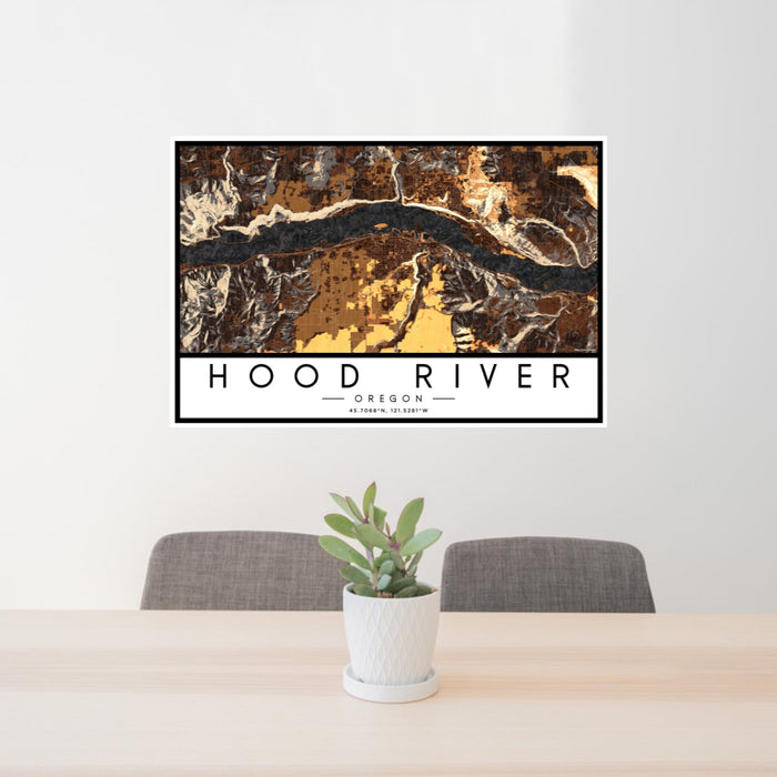 24x36 Hood River Oregon Map Print Landscape Orientation in Ember Style Behind 2 Chairs Table and Potted Plant