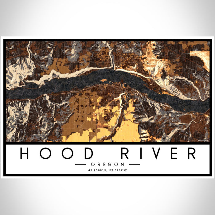 Hood River Oregon Map Print Landscape Orientation in Ember Style With Shaded Background