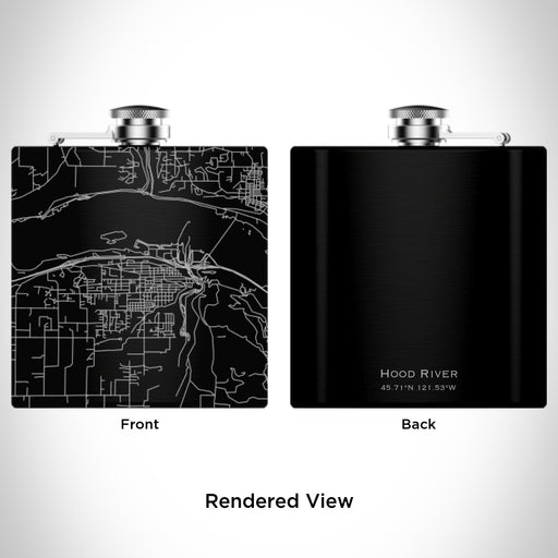 Rendered View of Hood River Oregon Map Engraving on 6oz Stainless Steel Flask in Black