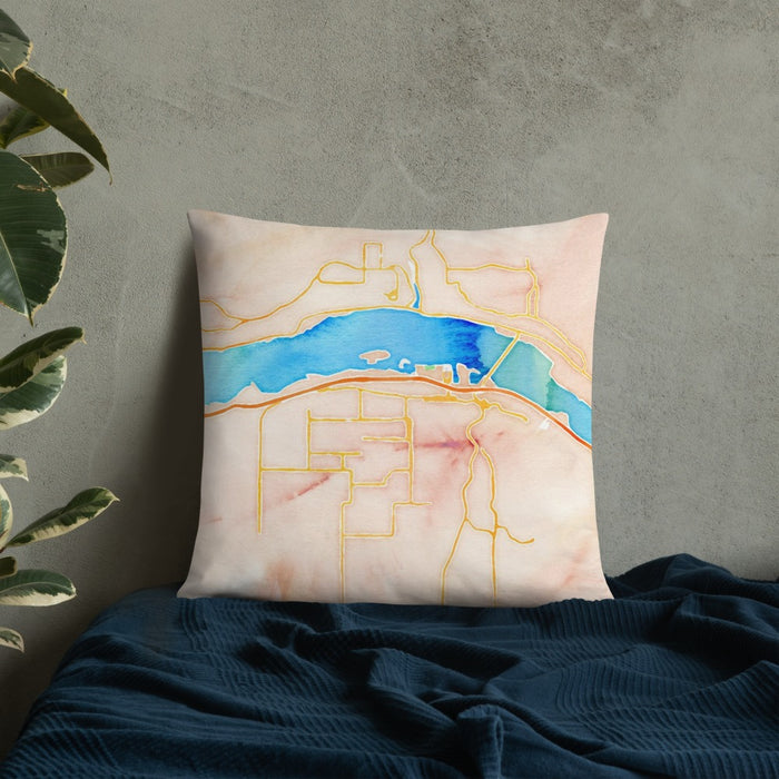 Custom Hood River Oregon Map Throw Pillow in Watercolor on Bedding Against Wall