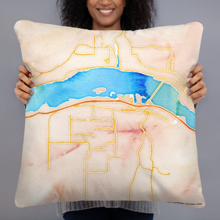 Person holding 22x22 Custom Hood River Oregon Map Throw Pillow in Watercolor
