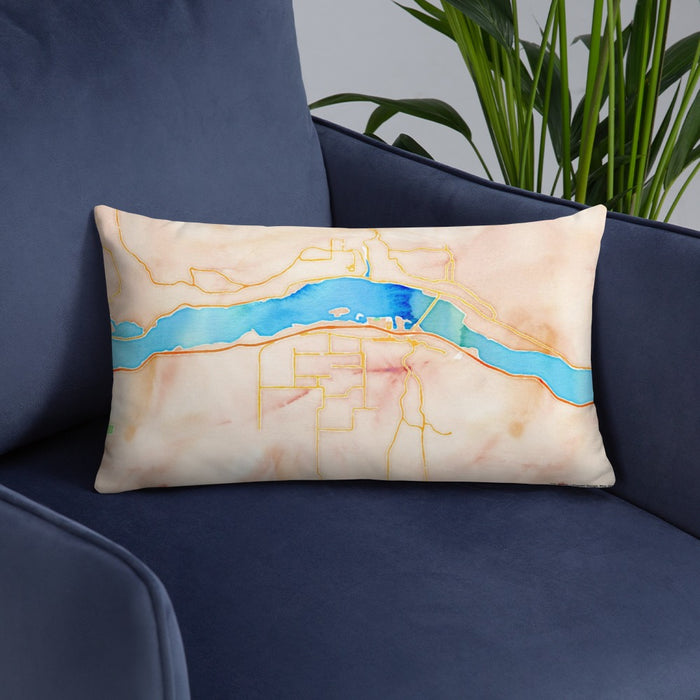 Custom Hood River Oregon Map Throw Pillow in Watercolor on Blue Colored Chair