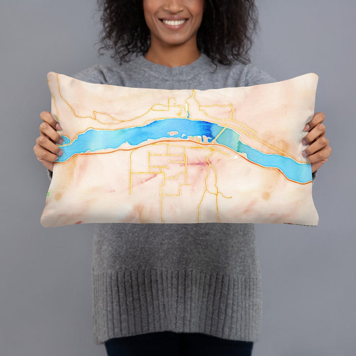 Person holding 20x12 Custom Hood River Oregon Map Throw Pillow in Watercolor