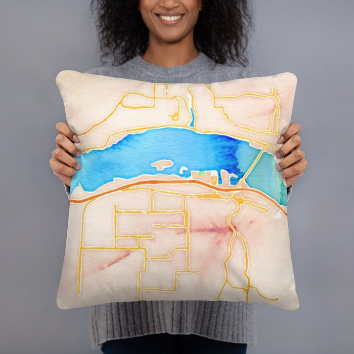 Person holding 18x18 Custom Hood River Oregon Map Throw Pillow in Watercolor