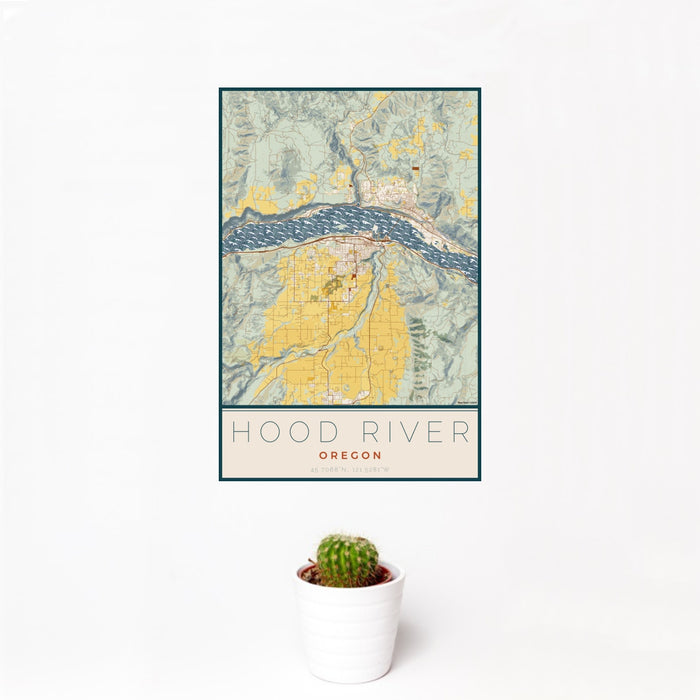 12x18 Hood River Oregon Map Print Portrait Orientation in Woodblock Style With Small Cactus Plant in White Planter