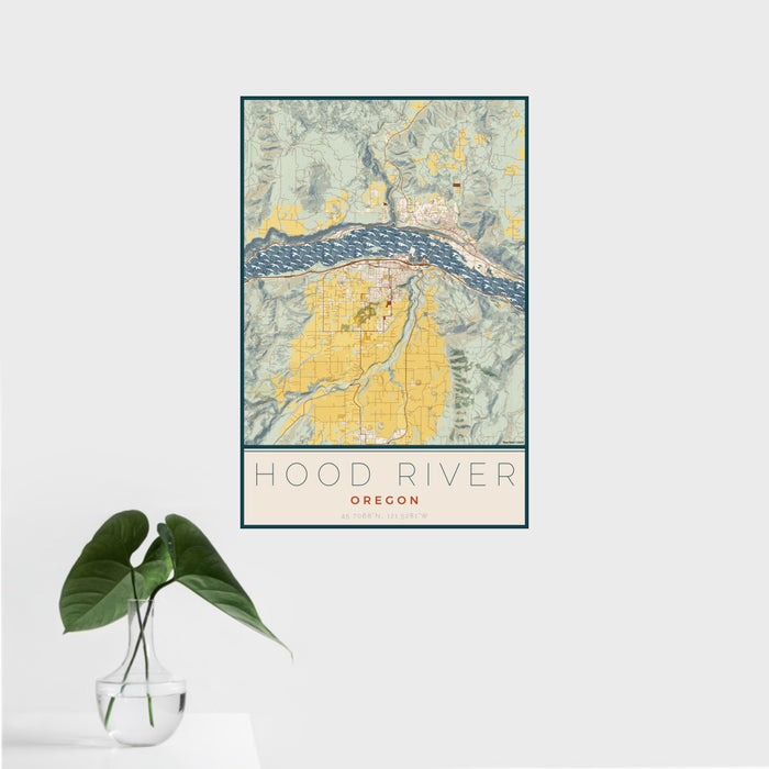16x24 Hood River Oregon Map Print Portrait Orientation in Woodblock Style With Tropical Plant Leaves in Water