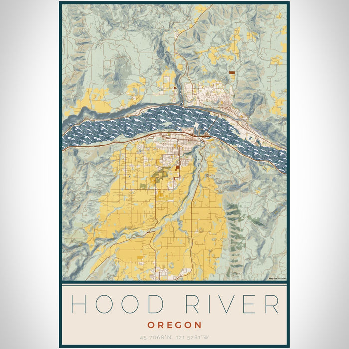 Hood River Oregon Map Print Portrait Orientation in Woodblock Style With Shaded Background