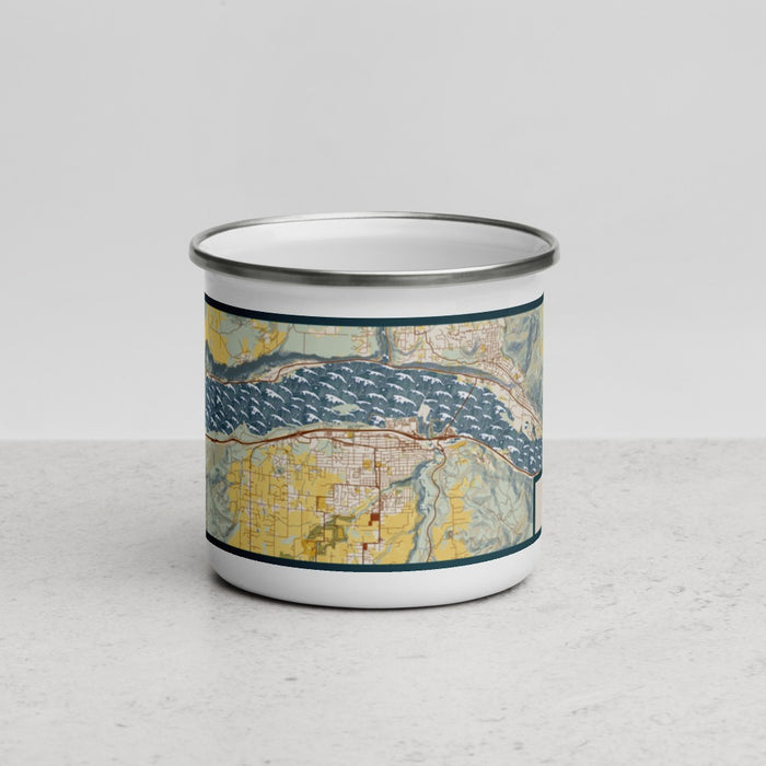 Front View Custom Hood River Oregon Map Enamel Mug in Woodblock