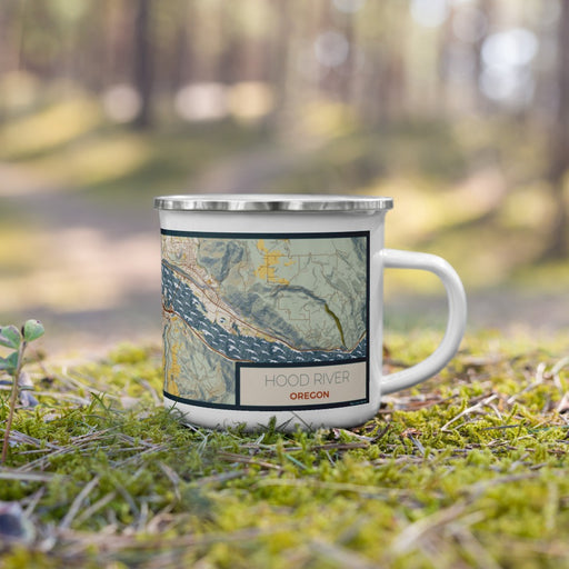 Right View Custom Hood River Oregon Map Enamel Mug in Woodblock on Grass With Trees in Background