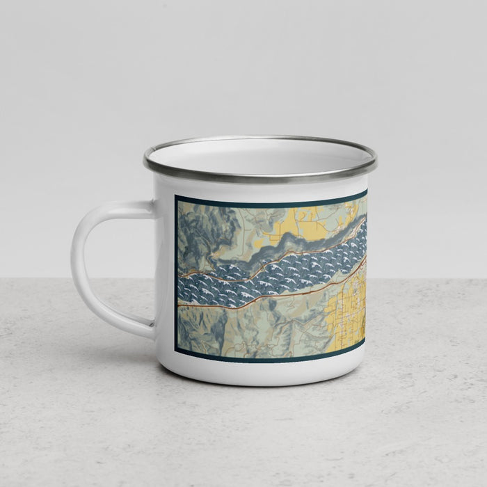 Left View Custom Hood River Oregon Map Enamel Mug in Woodblock