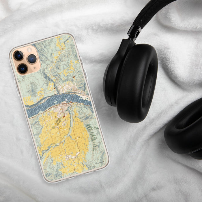 Custom Hood River Oregon Map Phone Case in Woodblock on Table with Black Headphones