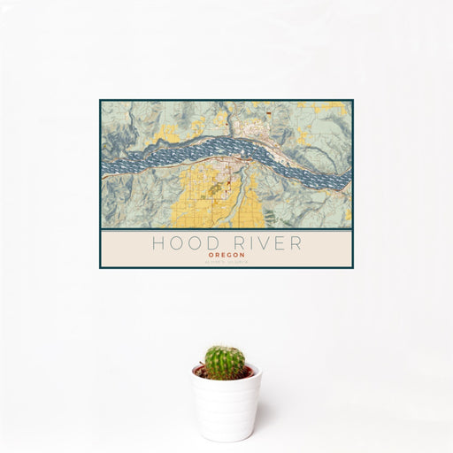 12x18 Hood River Oregon Map Print Landscape Orientation in Woodblock Style With Small Cactus Plant in White Planter
