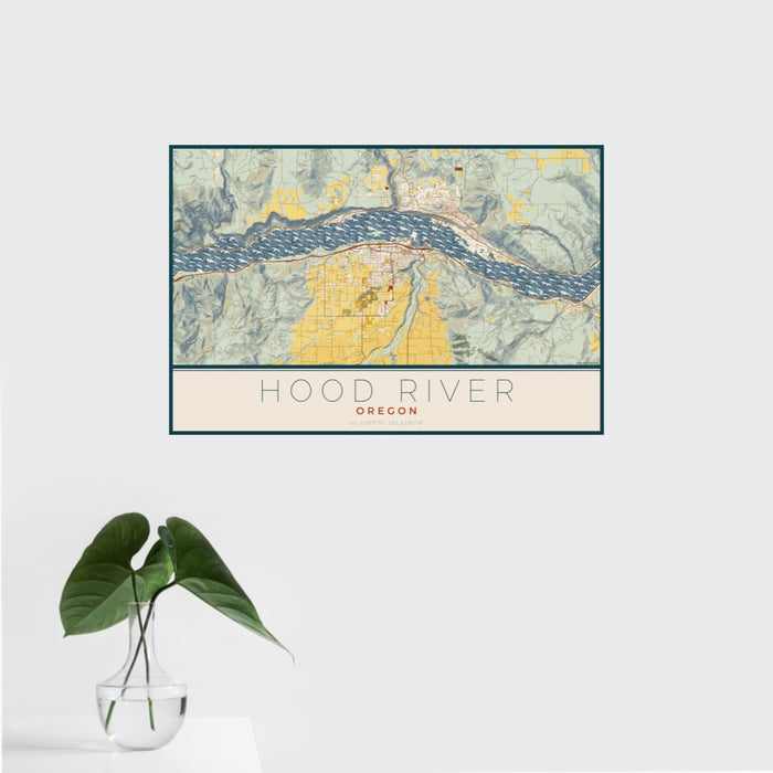 16x24 Hood River Oregon Map Print Landscape Orientation in Woodblock Style With Tropical Plant Leaves in Water