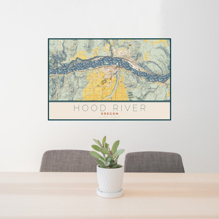 24x36 Hood River Oregon Map Print Landscape Orientation in Woodblock Style Behind 2 Chairs Table and Potted Plant