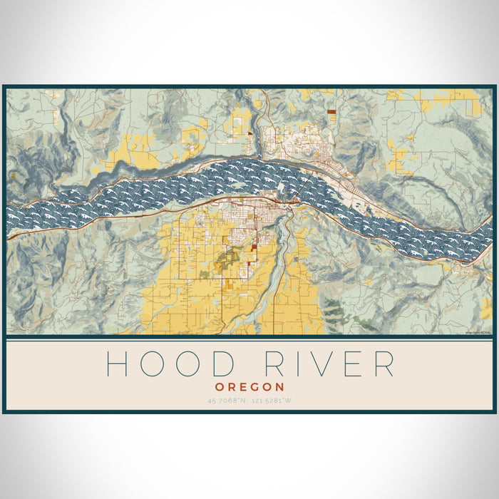 Hood River Oregon Map Print Landscape Orientation in Woodblock Style With Shaded Background