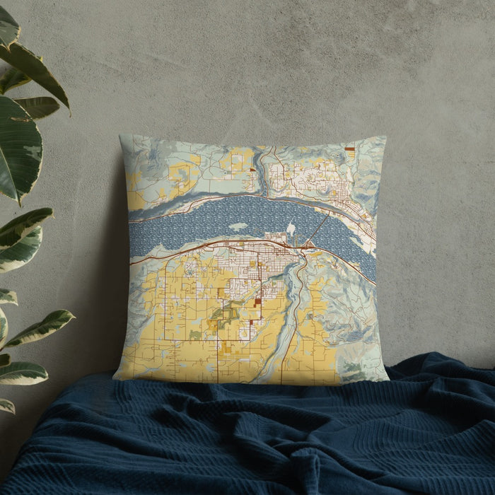 Custom Hood River Oregon Map Throw Pillow in Woodblock on Bedding Against Wall