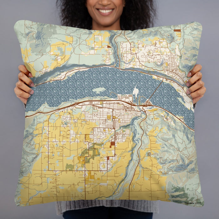 Person holding 22x22 Custom Hood River Oregon Map Throw Pillow in Woodblock