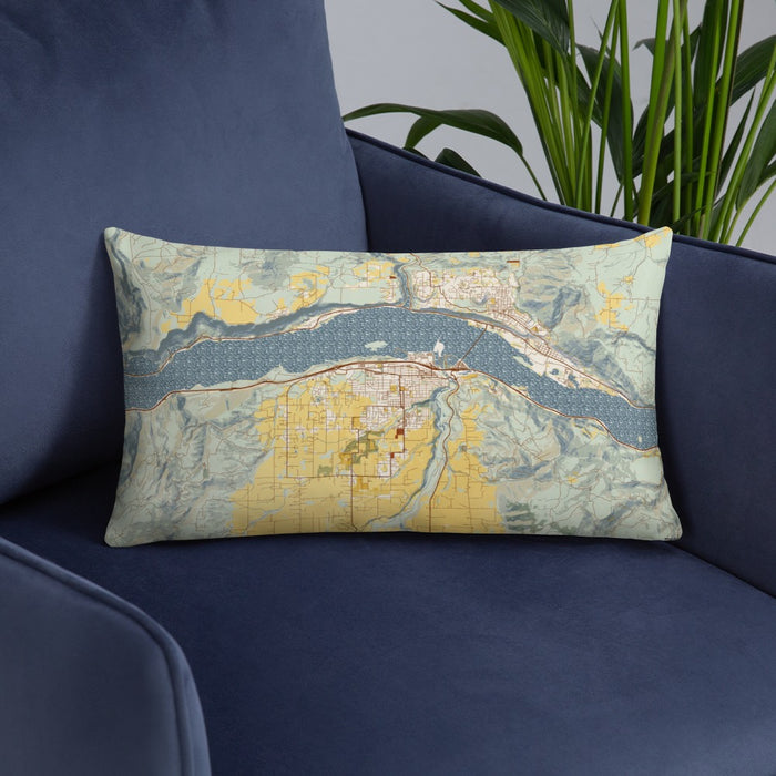 Custom Hood River Oregon Map Throw Pillow in Woodblock on Blue Colored Chair