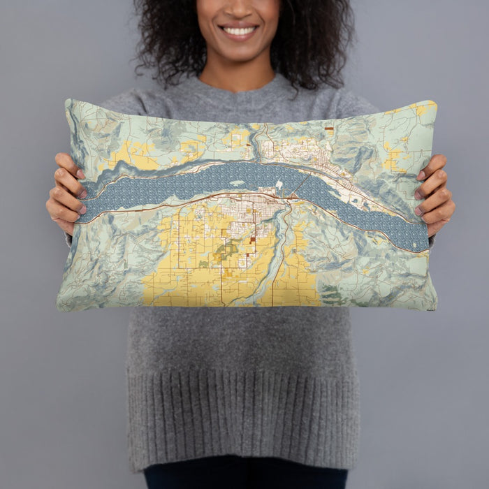 Person holding 20x12 Custom Hood River Oregon Map Throw Pillow in Woodblock