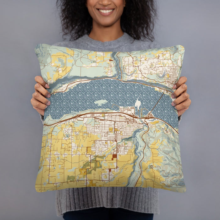Person holding 18x18 Custom Hood River Oregon Map Throw Pillow in Woodblock