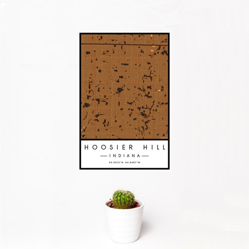 12x18 Hoosier Hill Indiana Map Print Portrait Orientation in Ember Style With Small Cactus Plant in White Planter