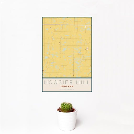 12x18 Hoosier Hill Indiana Map Print Portrait Orientation in Woodblock Style With Small Cactus Plant in White Planter