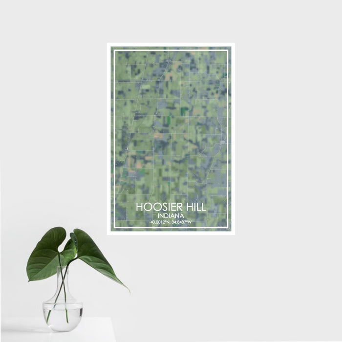 16x24 Hoosier Hill Indiana Map Print Portrait Orientation in Afternoon Style With Tropical Plant Leaves in Water