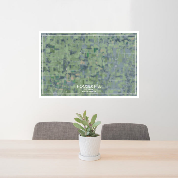24x36 Hoosier Hill Indiana Map Print Lanscape Orientation in Afternoon Style Behind 2 Chairs Table and Potted Plant