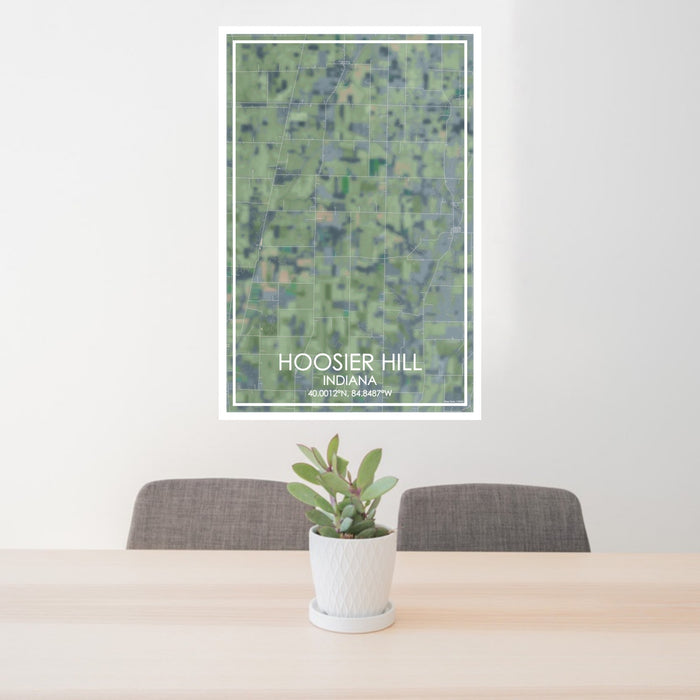 24x36 Hoosier Hill Indiana Map Print Portrait Orientation in Afternoon Style Behind 2 Chairs Table and Potted Plant