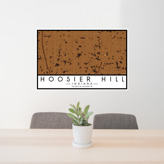 24x36 Hoosier Hill Indiana Map Print Lanscape Orientation in Ember Style Behind 2 Chairs Table and Potted Plant