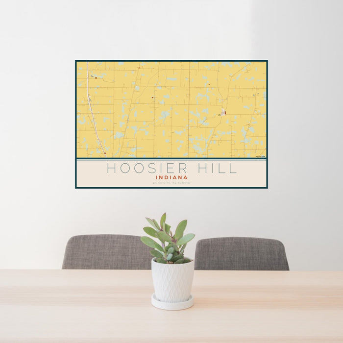 24x36 Hoosier Hill Indiana Map Print Lanscape Orientation in Woodblock Style Behind 2 Chairs Table and Potted Plant