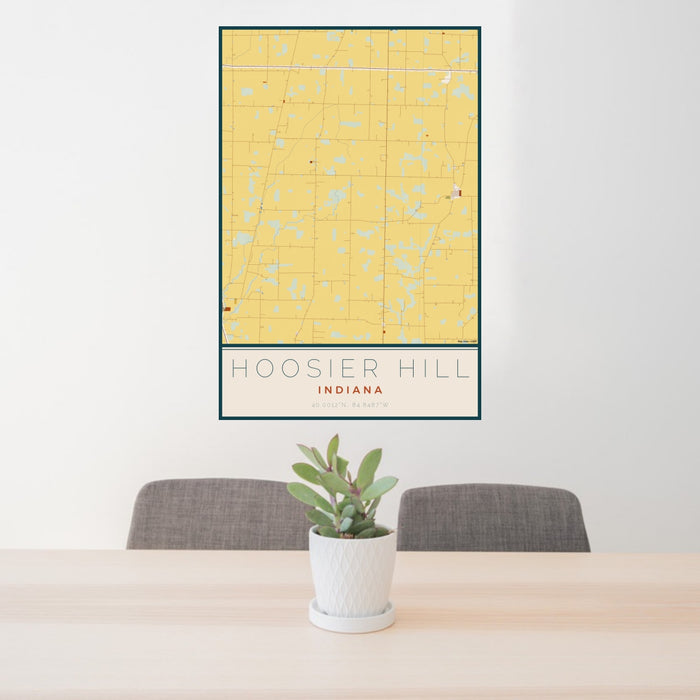 24x36 Hoosier Hill Indiana Map Print Portrait Orientation in Woodblock Style Behind 2 Chairs Table and Potted Plant