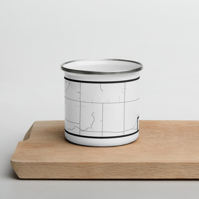 Front View Custom Hoosier Hill Indiana Map Enamel Mug in Classic on Cutting Board