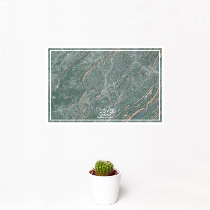 12x18 Hoover Alabama Map Print Landscape Orientation in Afternoon Style With Small Cactus Plant in White Planter