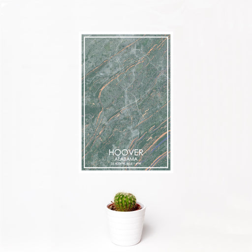 12x18 Hoover Alabama Map Print Portrait Orientation in Afternoon Style With Small Cactus Plant in White Planter