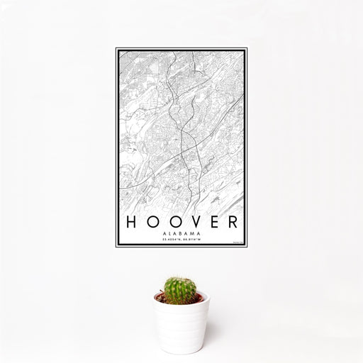 12x18 Hoover Alabama Map Print Portrait Orientation in Classic Style With Small Cactus Plant in White Planter
