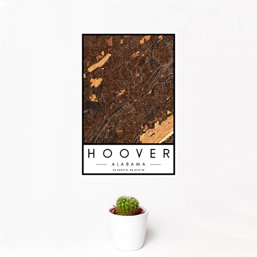 12x18 Hoover Alabama Map Print Portrait Orientation in Ember Style With Small Cactus Plant in White Planter