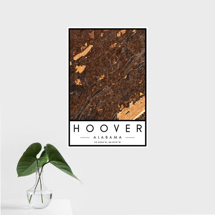 16x24 Hoover Alabama Map Print Portrait Orientation in Ember Style With Tropical Plant Leaves in Water