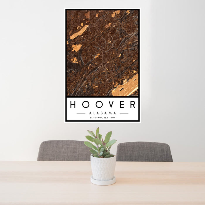 24x36 Hoover Alabama Map Print Portrait Orientation in Ember Style Behind 2 Chairs Table and Potted Plant