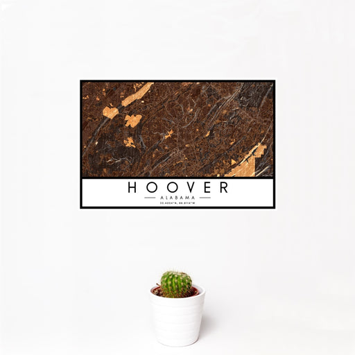 12x18 Hoover Alabama Map Print Landscape Orientation in Ember Style With Small Cactus Plant in White Planter