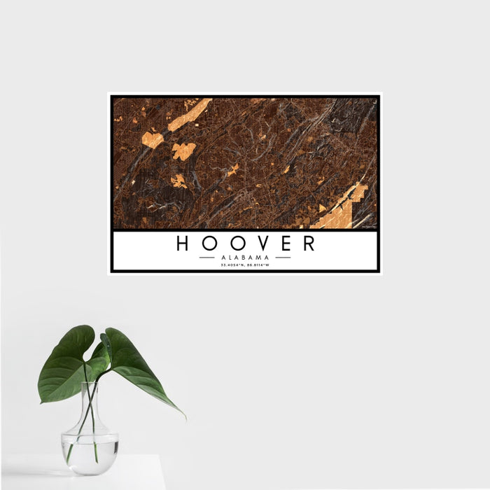 16x24 Hoover Alabama Map Print Landscape Orientation in Ember Style With Tropical Plant Leaves in Water
