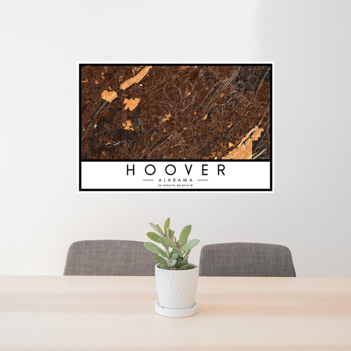 24x36 Hoover Alabama Map Print Landscape Orientation in Ember Style Behind 2 Chairs Table and Potted Plant