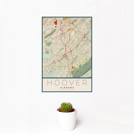 12x18 Hoover Alabama Map Print Portrait Orientation in Woodblock Style With Small Cactus Plant in White Planter