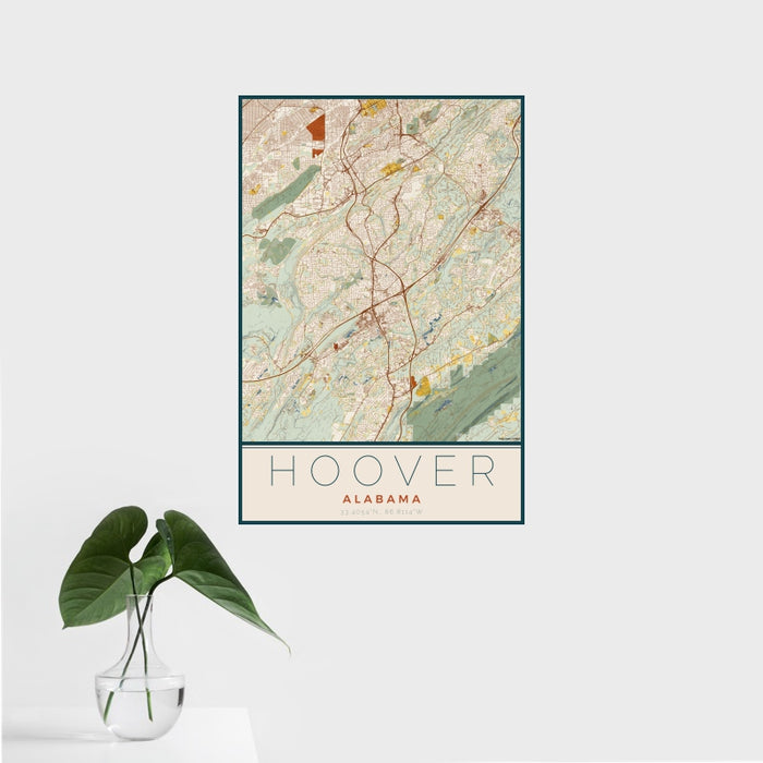 16x24 Hoover Alabama Map Print Portrait Orientation in Woodblock Style With Tropical Plant Leaves in Water