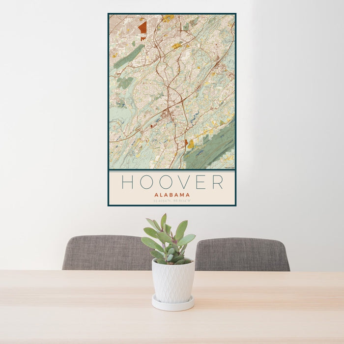 24x36 Hoover Alabama Map Print Portrait Orientation in Woodblock Style Behind 2 Chairs Table and Potted Plant