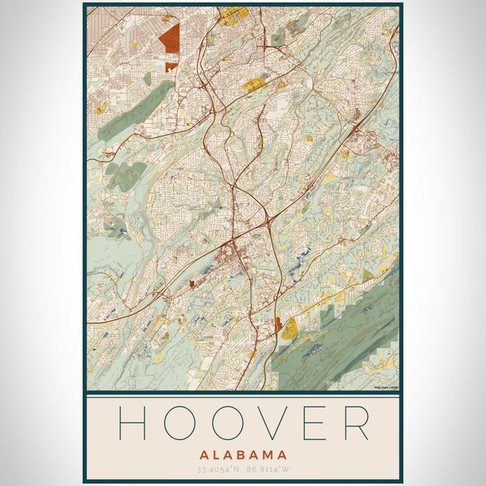 Hoover Alabama Map Print Portrait Orientation in Woodblock Style With Shaded Background