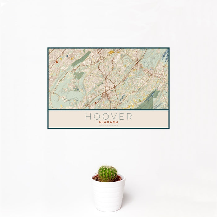 12x18 Hoover Alabama Map Print Landscape Orientation in Woodblock Style With Small Cactus Plant in White Planter