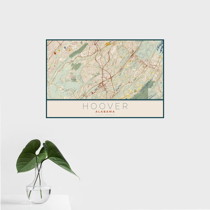 16x24 Hoover Alabama Map Print Landscape Orientation in Woodblock Style With Tropical Plant Leaves in Water