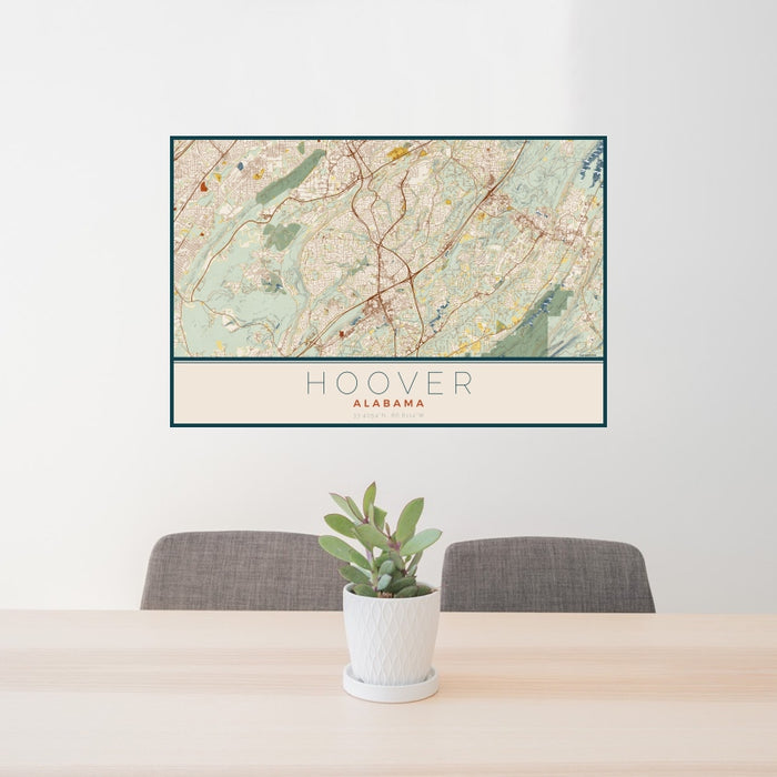 24x36 Hoover Alabama Map Print Landscape Orientation in Woodblock Style Behind 2 Chairs Table and Potted Plant