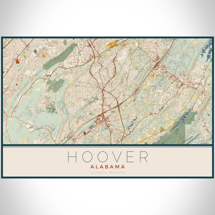 Hoover Alabama Map Print Landscape Orientation in Woodblock Style With Shaded Background
